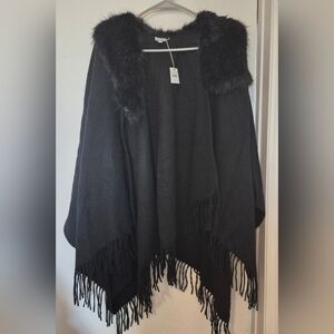 J. Crew women's shearling black wool blend cape Style # H3797 faux trim, New